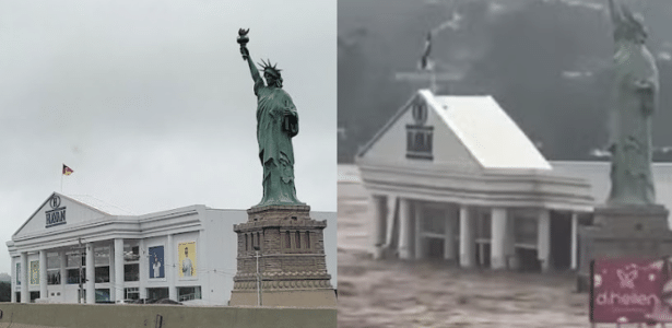  Só a estátua acima d'água: o antes e depois de loja da Havan inundada no RS – UOL Confere