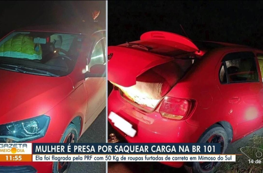  Motorista sem carteira é presa ao saquear 50 kg de roupas de carga tombada na BR-101 no ES